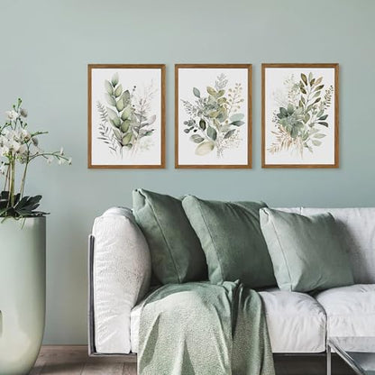 AVECCO 3 Pieces Green Watercolor Botanical Framed Canvas Wall Art 12x16 in - color: Sage Green Plant, size: 16"L x 12"W