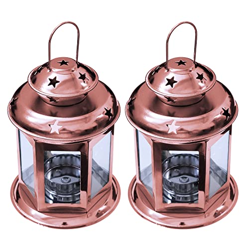 2 Pcs European Design Antique Glass Hanging Candle Lanterns with Stars Metal Frame Candlestick Holder Night Lamp, Romantic Xmas Wedding Party Decoration (Bronze) - color: Bronze