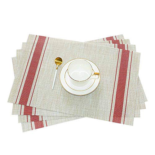 GIVERARE Placemats Set of 4, Heat-Resistant Woven Vinyl Placemat, Non-Slip Washable PVC Table Mat, Easy to Clean Premium Plastic Mats at for Dining, Kitchen Table (Stripe Red) - color: Red