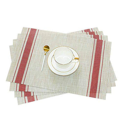 GIVERARE Placemats Set of 4, Heat-Resistant Woven Vinyl Placemat, Non-Slip Washable PVC Table Mat, Easy to Clean Premium Plastic Mats at for Dining, Kitchen Table (Stripe Red) - color: Red