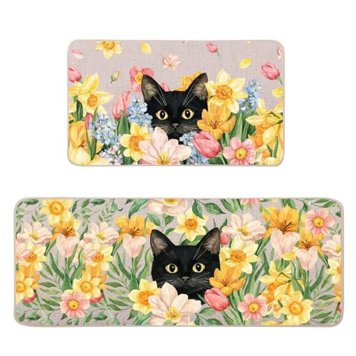 Tulip Black Cat Kitchen Mats Set of 2, Waterproof Non-Slip Kitchen Rugs - color: Tulip Black Cat