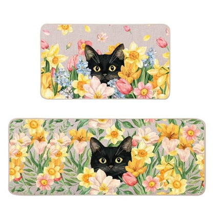 Tulip Black Cat Kitchen Mats Set of 2, Waterproof Non-Slip Kitchen Rugs - color: Tulip Black Cat