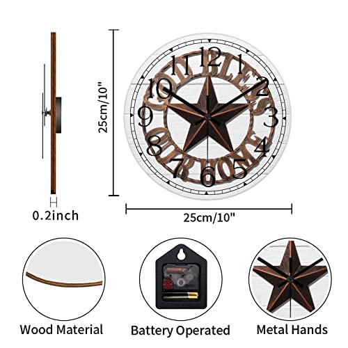 Round Farmhouse Wall Clock Western Texas Star Country Style Wood Clock Quiet Non-Ticking Battery Operated Easy to Read Classic Wall Art Analog Clock for Living Room Kitchen Bathroom 10 Inch - color: Style-1, size: 10in