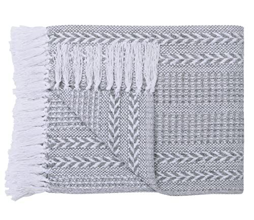 Woven Throw Blanket - Cotton - Rustic Ottoman, Batik Chair - Striped with Fringe - Picnic 50'' x 60'' - Set of Two (Grey) - color: Grey