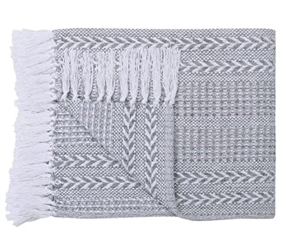 Woven Throw Blanket - Cotton - Rustic Ottoman, Batik Chair - Striped with Fringe - Picnic 50'' x 60'' - Set of Two (Grey) - color: Grey