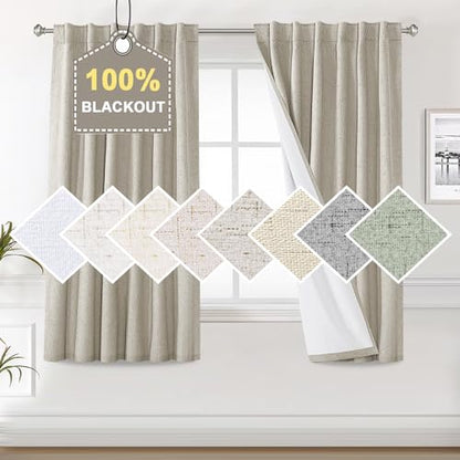 H.VERSAILTEX Faux Linen 100% Blackout Curtains for Bedroom 63 inches Long Thermal Insulated Textured Linen Look Curtain Back Tab/Rod Pocket/Hook Belt Draperies 2 Panels, 52 x 63 Inch，Stone - color: Stone, size: 52"W x 63"L (Pack of 2)