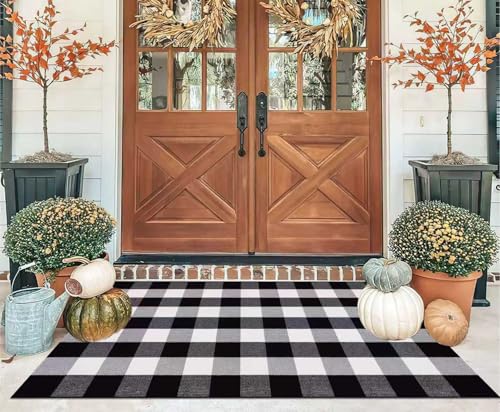 Washable 3'x5' Outdoor Rug,Black and White Washable Front Porch Mat - color: Black White, size: 3' x 5' (Rectangular)