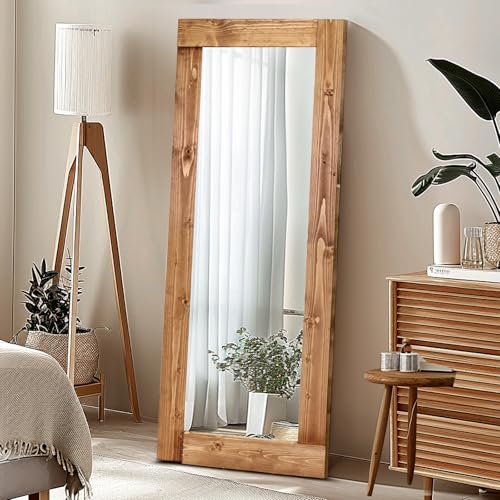58x24in Full Length Mirror, Solid Wood Convex Frame, Light Brown - color: Light Brown-convex Frame, size: 58"L x 24"W