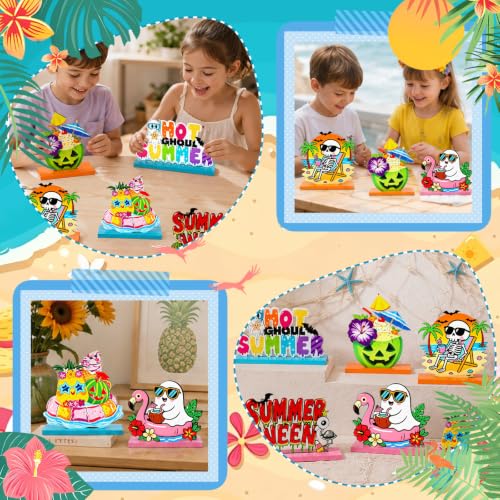 6 Pcs Summerween Wooden Table Centerpieces, Spooky Beach Skeleton Flamingo Tabletop Sign, for Home Kitchen Office Desk Shelves