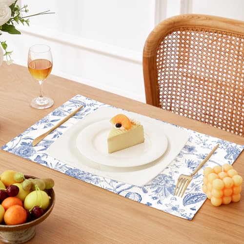 QIYI Boho Table Placemats Set of 6, 12"x18" Linen Place Mats, Blue Garden - color: Blue Garden, size: Set of 6
