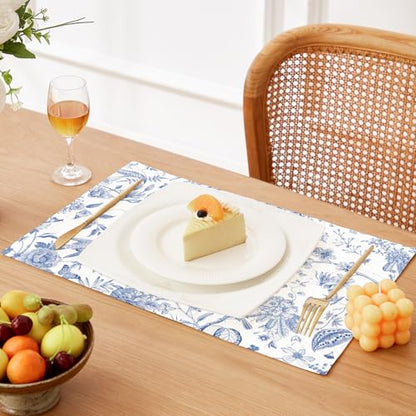 QIYI Boho Table Placemats Set of 6, 12"x18" Linen Place Mats, Blue Garden - color: Blue Garden, size: Set of 6