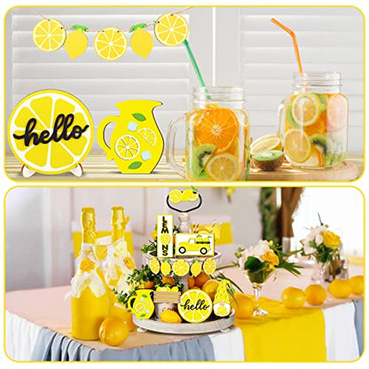 12 Pcs Lemon Tiered Tray Decor Set Gnome Fresh Lemonade Wooden Sign - style: Lemon