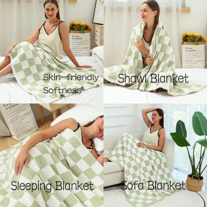 Ultra Soft Checkered Blanket Cozy Buffalo Check Throw Fluffy Knitted Reversible Throw Blanket Lightweight Fleece Checkerboard Grid Blanket for Sofa Couch Bed Travel, Sage Green, 51''x63'' - color: Sage Green