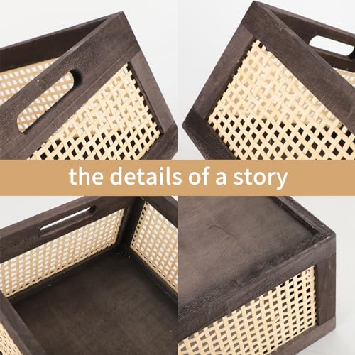 Rattan Wooden Storage Basket with Handle, Large Brown - color: Brown, size: Large (Set of 1)