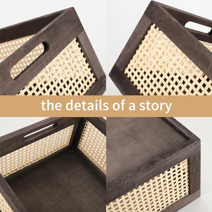 Rattan Wooden Storage Basket with Handle, Large Brown - color: Brown, size: Large (Set of 1)