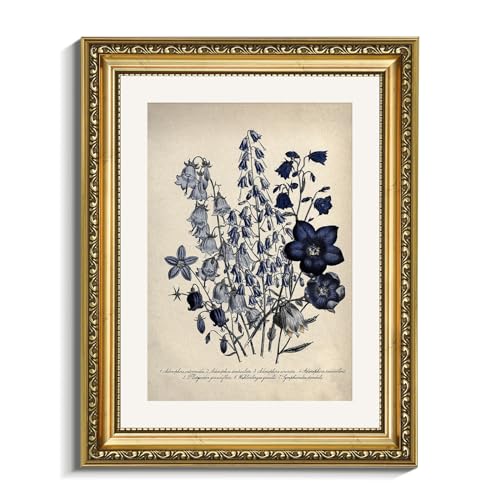 VIYYIEA Gold Framed Botanical Wall Art Decor, Blue Flower Campanula Pictures Prints, Living Room Bedroom Coastal Room Blue Floral Summer Decor, Vintage Retro Farmhouse Canvas Paintings,11x14 Inch - color: Blue Antique Campanula, size: 14"L x 11"W