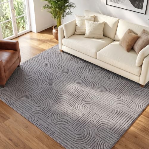 Etwel 4x6 Dark Gray Geometric Textured High-Low Pile Washable Area Rug - color: Dark Gray, size: 4' x 6'
