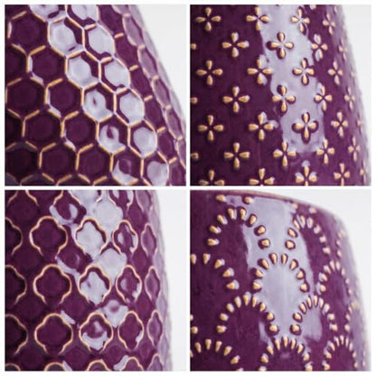 EFISPSS Ceramic Plant Pots, 5 Inch Planters with Drainage Holes and Ceramic Tray, Relief Design Flower Planter, Desktop Office Windowsill Decoration Gift Set of 4 - Plum - color: Plum