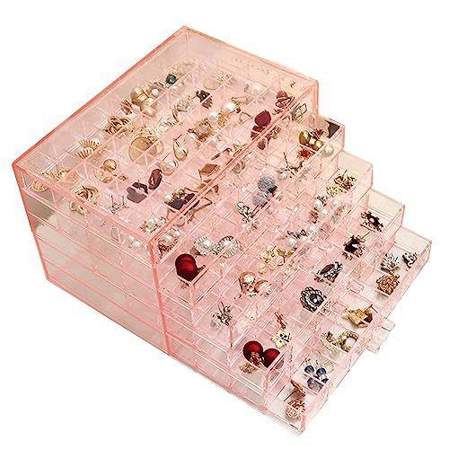 YUFONG Earring Storage Box Organizer 5 Drawers with 120 Small Compartments - color: Clear Pink