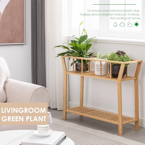 Nnewvante Bamboo Plant Stand Indoor 37.4"x11" 2 Tier Tall Organizer Shelf