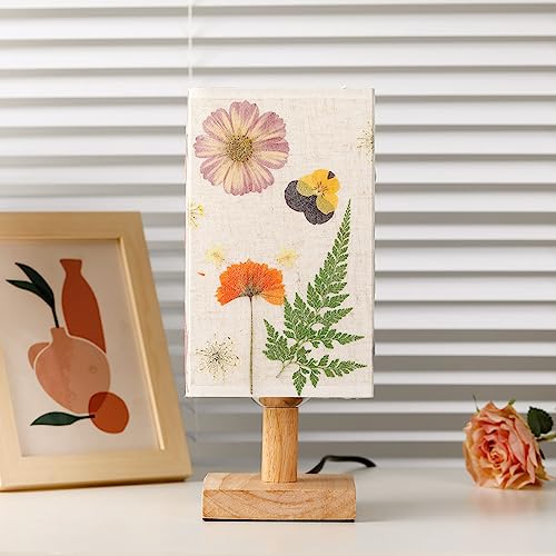 Dried Flowers Table Lamp 5W LED 3Color Temperatures Pressed Flower Bedside Lamp Square Linen Shade with Wood Base for Bedroom Living Room - color: Square-3-Color
