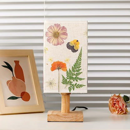 Dried Flowers Table Lamp 5W LED 3Color Temperatures Pressed Flower Bedside Lamp Square Linen Shade with Wood Base for Bedroom Living Room - color: Square-3-Color