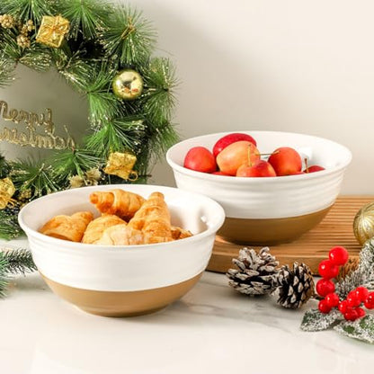 HASENSE Large Ceramic Serving Bowls Set of 2, 60 Oz 8.5 Inch White & Terracotta Stoneware Bowls, Farmhouse Bowls for Salad, Soup & Pasta, Dishwasher & Microwave Safe, Christmas Entertaining Dishes - color: White, size: 65 oz