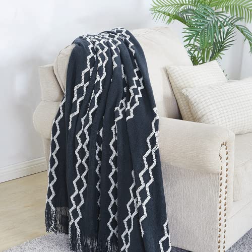 BOURINA Knitted Throw Blanket Boho Chenille Outdoor Blanket,Navy 50x60Inch - color: A-navy, size: 50"×60"