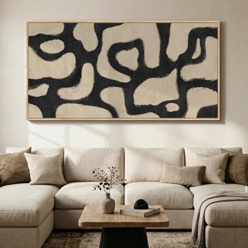 Oversized Framed Abstract Horizontal Wall Art for Living Room, 72x36 Inch | Black and beige, Modern, Minimalist, Horizontal, Canvas artwork, Hallway decor, Dining room art, Office decor, Ready to hang - color: Beige Black, size: 72"L x 36"W