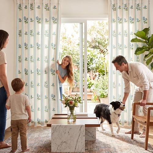 Pinch Pleat Linen Blend Curtains Blue Stripe Floral, 40"W x 102 Inches Long - color: Blue Stirpe, size: 40"W x 102"L (Pack of 2)