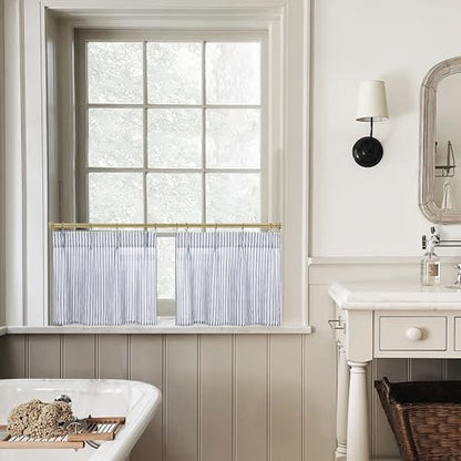 Lino Rosa Small Window Curtains for Bathroom,Navy Blue and White,18 Inch Length - color: Navy Blue, size: 24"W x 18"L (Pack of 2)