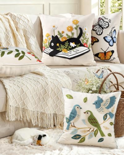 Animal Embroidered Throw Pillow Cover 20x20 Inch, Cat Floral - color: Cat Book, size: 20" x 20" (Pack of 1)