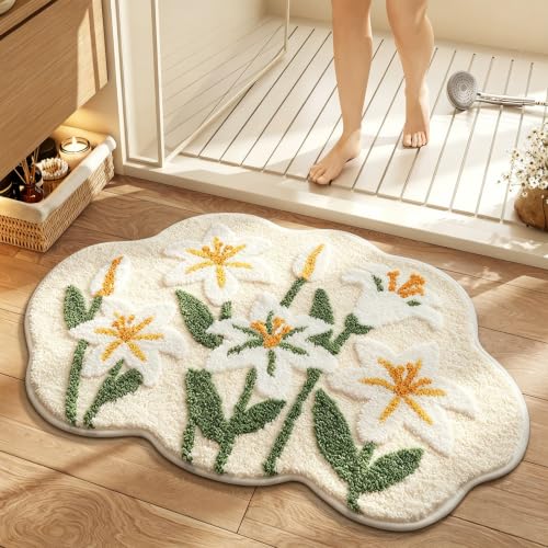 Cloud-Shaped Lily Bath Mat, Soft Non-Slip Fluffy Fresh Flowers Bathroom Rug, Ultra Absorbent Microfiber Shaggy Door Mat, Machine Washable Bath Rug Carpet for Bathtub Bedroom 20x31 Inch (White Lily) - color: White Lily