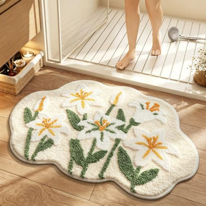 Cloud-Shaped Lily Bath Mat, Soft Non-Slip Fluffy Fresh Flowers Bathroom Rug, Ultra Absorbent Microfiber Shaggy Door Mat, Machine Washable Bath Rug Carpet for Bathtub Bedroom 20x31 Inch (White Lily) - color: White Lily