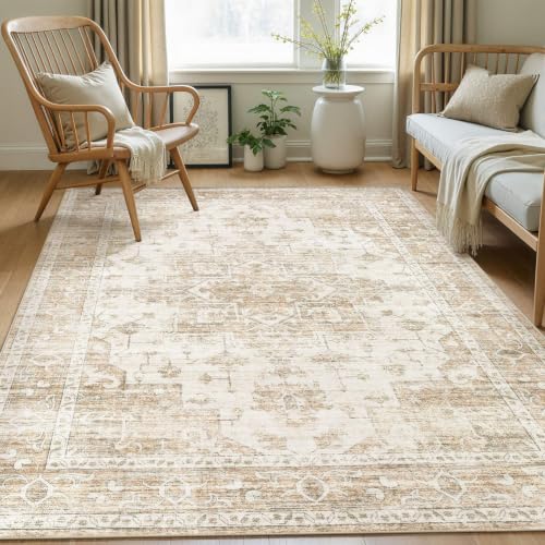 Washable Area Rugs 5x7: Soft Vintage Beige Rugs for Living Room - color: Beige, size: 5' x 7' (Rectangular)