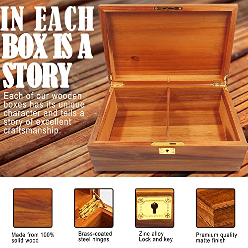 WELITTCON Wood Box Large Decorative Wooden Storage Box with Hinged Lid and Locking Key Premium Acacia Keepsake Chest Box Memory Gift Wooden Boxes 11 X 8.5 X 5 Inches - style: Key Lock with partition