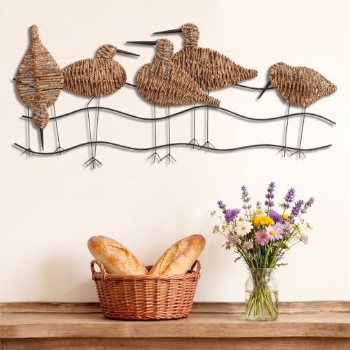 RattanView Wicker Coastal Seagull Wall Decor Seagull Wall Art Hanging Decors Handmade Wicker Beach Ocean Theme Ornaments Coastal Sculpture for Boho Bathroom Indoor Outdoor Art