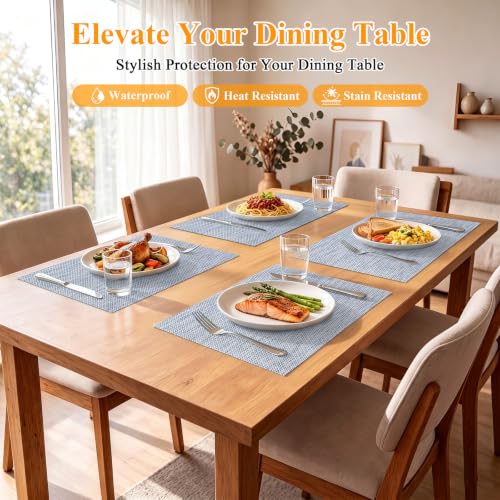 SHACOS Blue White Silver Thread Woven Placemats Set of 4 Vinyl Place Mats - color: Blue White Silver, size: Set of 4