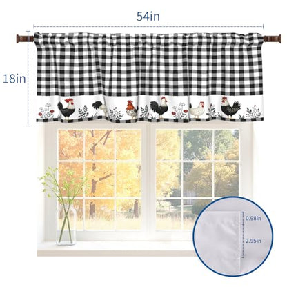 Buffalo Check Plaid Valances for Windows Farmhouse Rooster Kitchen Curtains Rustic White and Black Design Window Treatment Rod Pocket Valances for Kitchen Living Room 54 x 18 Inch, 1 Panel - color: Black and White