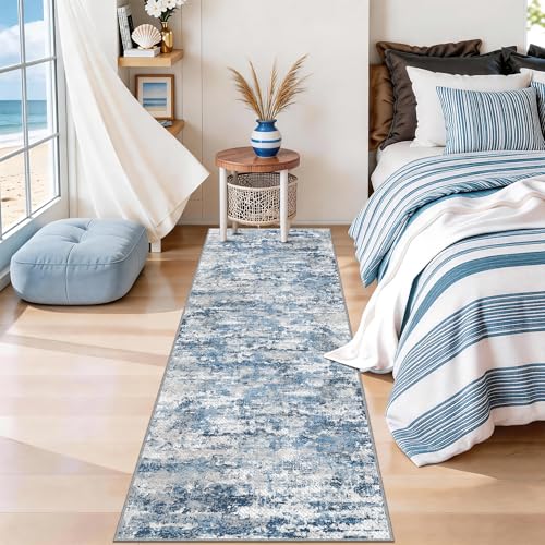 Modern Hallway Runner Rug 2x6, Textured Non Slip Carpet Runner, Ocean Blue - color: Abstract- Ocean Blue, size: 2' x 6' (Runner)