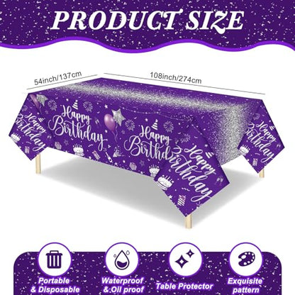Tudomro 3 Pcs Plastic Happy Birthday Party Tablecloths,Purple Silver - color: Purple Silver