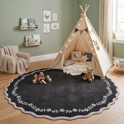 GarveeHome Round Rugs 4ft Scalloped Washable Black Circle Rug for Kids Room - color: Black, size: 4' (Round)