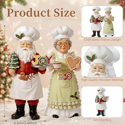 Yuntau 2 Pcs Chef Santa & Mrs. Claus Christmas Figurines Decor Wooden Christmas Chef Santa Statues Table Ornament Holiday Xmas Decor Gift for Kitchen Mantel Home Decoration Party Supplies Decoration - style: Chef Santa
