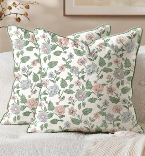 Vintage Throw Pillow Covers Set of 2, 18x18, Blue Green Floral - color: Blue Green Floral