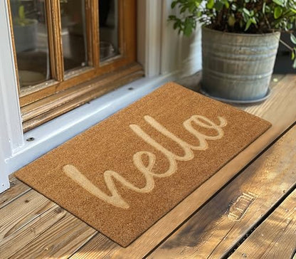 Coir Doormat - 17x30 inch Deep Groove Dirt Trapping Hello Design - color: Hello - Impression, size: 1'5" x 2'6" (Rectangular)