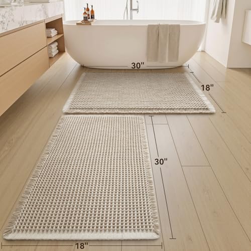 Upgraded Waffle Bath Mat Set of 2 Absorbent Non Slip Bathroom Mat 18" x 30" - color: Brown & Cream, size: 18" x 30" ( 2 PCS )