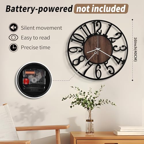 Maxstar 16" Silent Wall Clock – Battery Operated, Rustic Metal & Wood - color: Brown, size: 16 Inch