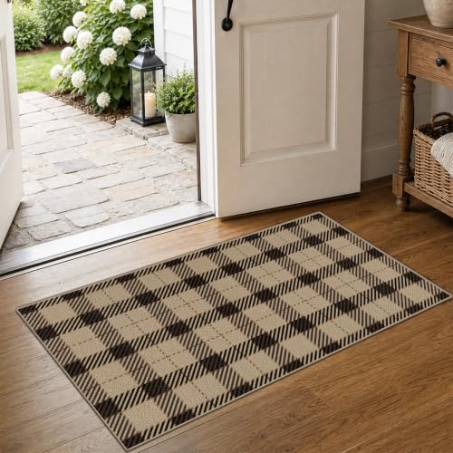 JTJ Easy Jute 2x4 Entryway Runner Rug, Black & Beige Plaid, Washable - color: Beige Plaid, size: 2' x 4' (Rectangular)