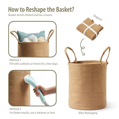 Laundry Hamper Basket, Woven Cotton Rope Blanket Basket, Nursery Storage - color: Jute, size: 16"D x 22"H