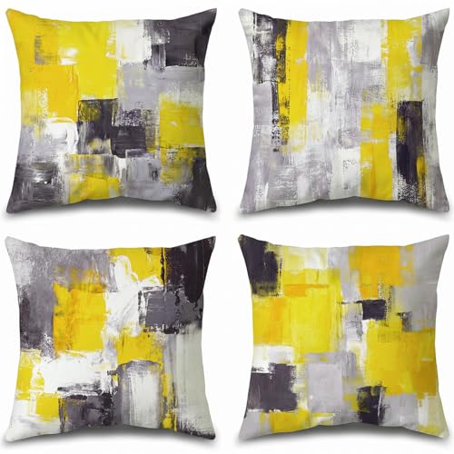 Yellow Grey Abstract Throw Pillow Covers 18x18 Set of 4 - color: Yellow and Grey, size: 18" x 18" (Pack of 4)
